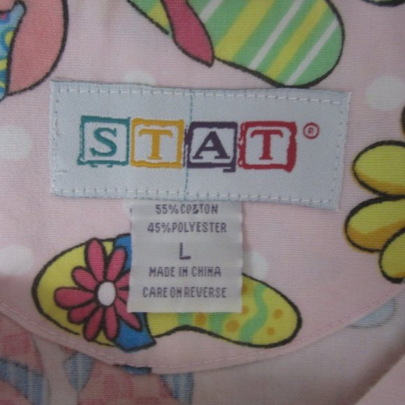 STAT Medical Scrub Shirt women sz L Cotton Polyester Flip Flops beach pink vtg - Picture 7 of 7